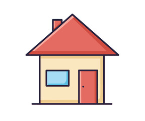 Simple illustration of a small house with red roof and door.