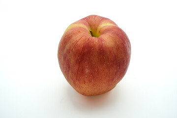 A perfectly ripe, vibrant red and yellow striped apple, crisp and fresh, isolated on a pure white background, ideal for healthy eating or cooking