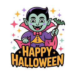 Friendly vampire boy, sparkling stars background, happy halloween lettering, cute dracula costume character, party sticker, cartoon vector