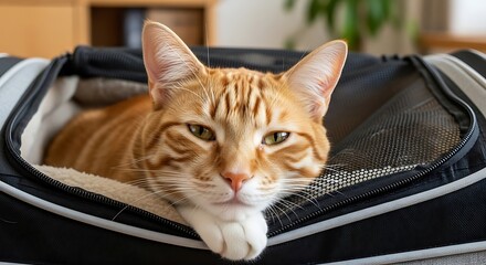 Orange Tabby Cat in Travel Carrier.