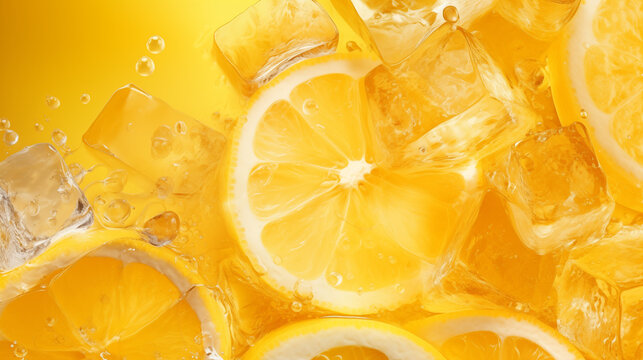 Gros plan, zoom sur une boisson fraiche &agrave; base de citron avec des gla&ccedil;ons. Boissons rafra&icirc;chissante, agrumes, fruits. Couleur jaune. Pour conception graphique.