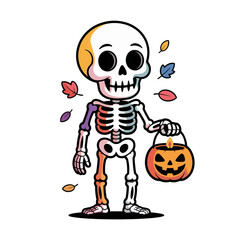 Trick or treat skeleton, candy bucket pumpkin, autumn leaves, playful bones character, spooky halloween mascot, clean vector illustration