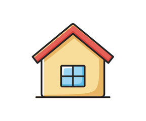 Simple cartoon house icon with a yellow body, red roof, and blue window on a white background, representing home or property.