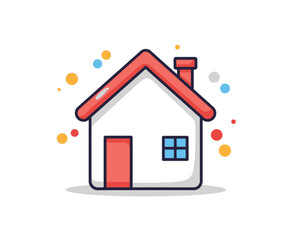 A cute cartoon illustration of a house with a red roof, door, and chimney.