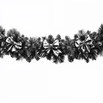 Classic monochrome Christmas garland with bows, pine cones, and pine needles on white background