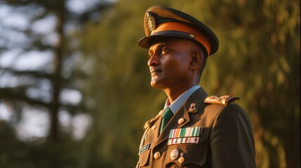 Proud indian male adult military officer in dress uniform with medals standing outdoors in golden sunlight for patriotic service honor ceremony