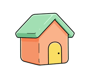 Cute cartoon illustration of a small house with a light green roof and a yellow door.