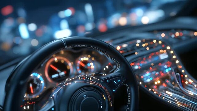 A macro detail of car dashboard assembly, shiny buttons and chrome accents glowing under precise lights.