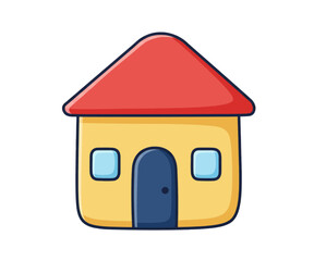 A simple and colorful cartoon illustration of a small house with a yellow facade, red roof, and blue door.