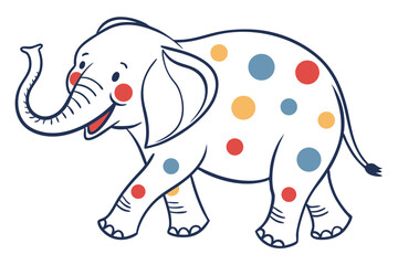 Cheerful White Elephant with Colorful Dots, Line Art Style on White Background