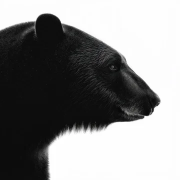 High-contrast close up of a black bear's profile, showing its fur texture on white background