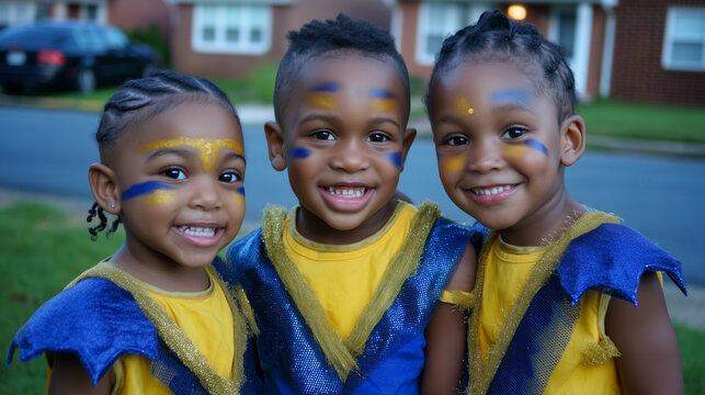 Three Smiling Children in Yellow and Blue Costumes Celebrating Junkanoo Festival Parade with Joyful Spirit of Bahamian Culture