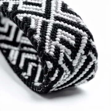 Monochrome patterned woven fabric close up on white background