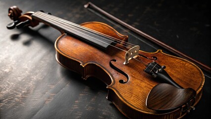 Fototapeta premium Antique Violin and Bow on Dark Background