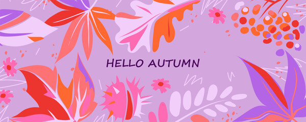 Autumn horizontal background with bright leaves and fruits. Vector banner with maple, oak and acacia leaves, rowan berries, chestnut fruit and flowers. Purple, pink and red colors. Template, poster