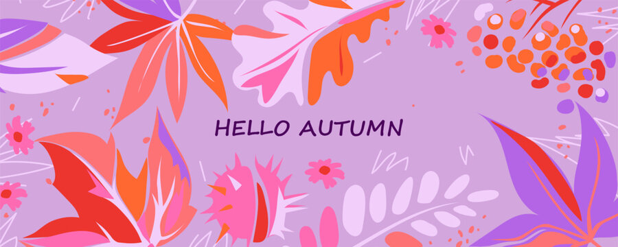 Autumn horizontal background with bright leaves and fruits. Vector banner with maple, oak and acacia leaves, rowan berries, chestnut fruit and flowers. Purple, pink and red colors. Template, poster