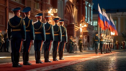 Formal military honor guard soldiers standing in ceremonial formation with Russian flags during evening parade on historic city square