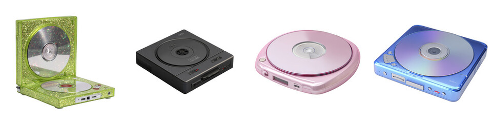 Fototapeta premium Colorful collection of portable CD players retro design on transparent background