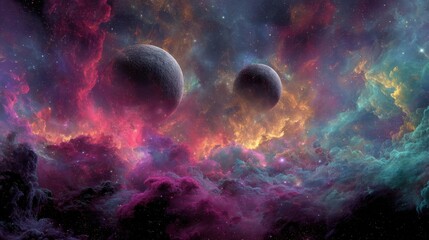 Obraz premium Stunning Cosmic Scene with Colorful Nebula, Two Planets, and Celestial Clouds Illuminating the Universe in Vibrant Hues of Pink, Blue, and Purple