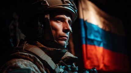 Focused caucasian male adult soldier wearing tactical helmet and gear with Russian flag in military setting for defense industry marketing