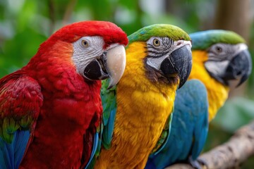 Fototapeta premium Three Colorful Macaws Perched on a Branch