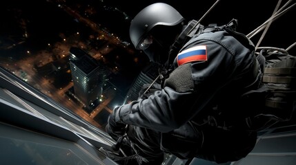 Focused tactical soldier rappelling down building with Russian flag patch during nighttime urban military operation in city environment