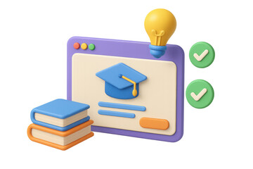 3d digital learning interface illustration: simple educational design with graduation cap and books