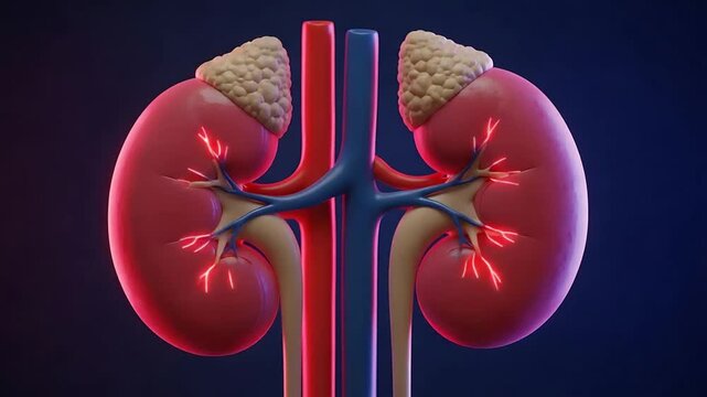 Detailed 3D medical illustration of human kidneys with renal arteries and adrenal glands.