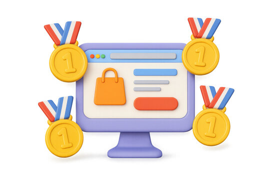 illustration of e-commerce rewards showcase with medals and shopping interface for marketing design