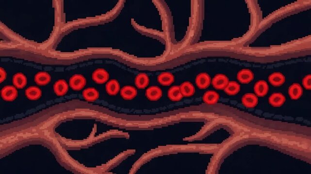 Seamless pixel art blood vessel pattern with red blood cells and capillaries.