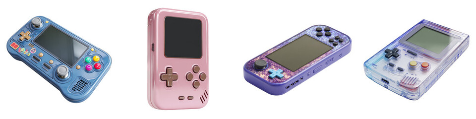 colorful handheld gaming consoles arranged stylishly on transparent background