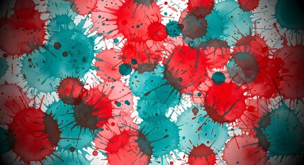 Abstract splattered paint background with red and teal colors.