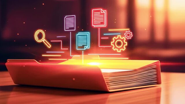 Digital file management concept with glowing icons emerging from a yellow folder on a desk