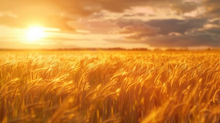 Obraz premium Golden wheat field at sunset with vibrant sky and tranquil atmosphere in rural landscape