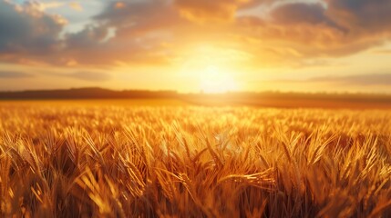 Obraz premium Golden wheat field under a vibrant sunset showcasing nature's serene beauty and tranquility