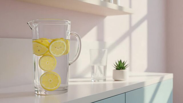 Glass pitcher filled with water and lemon slices