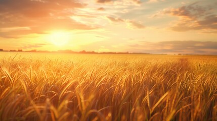 Naklejka premium Golden wheat field bathed in warm sunlight during sunset in rural landscape