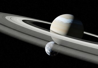 Spectacular view of a ringed planet and its moon system in deep space