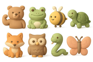 Fototapeta premium Cute animal icons illustration: whimsical creatures for design, card, poster, grid style