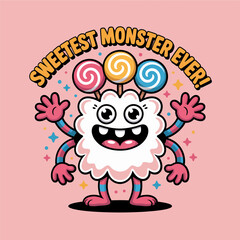 sweetest monster ever caption, cute candy swirl creature, smiling face, pastel colors, adorable halloween character, kawaii cartoon vector