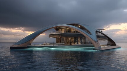 Futuristic Floating Mansion with Sleek Architecture Surrounded by Water Under Dramatic Sky at Dusk
