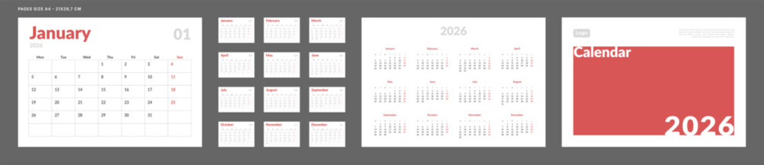 2026 Calendar Planner Set of Template grid Monthly Page, Cover with Place for Photo, Company Logo, Annual 2027. Vector layout of wall or desk organizer calend with week start Monday in print. Pages A4