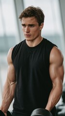Obraz premium Young athletic man doing bicep curls with dumbbells. Fitness training strength exercise, healthy lifestyle concept, gym motivation