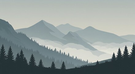 Obraz premium 静かな霧の山の風景イラスト