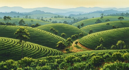 Fototapeta premium 美しい緑茶畑の丘陵地帯風景写真