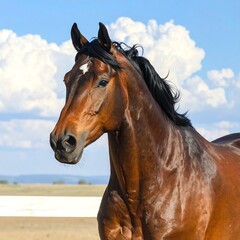 Obraz premium A striking close-up of a bay horse, showcasing its expressive head and mane against a backdrop of a vibrant blue sky and distant landscape.