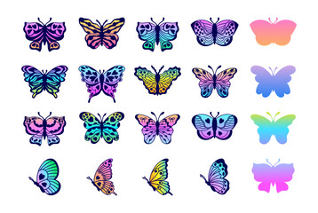 Collection of gradient colored butterflies in doodle style