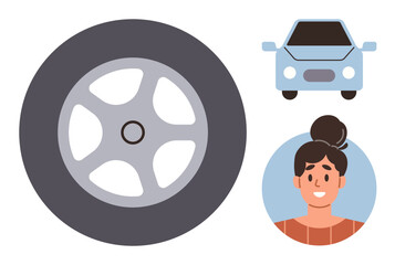 Large car wheel, compact vehicle, and smiling woman with hair bun. Ideal for automotive, transportation, driver education, vehicle maintenance, mobility, gender inclusion simple flat metaphor