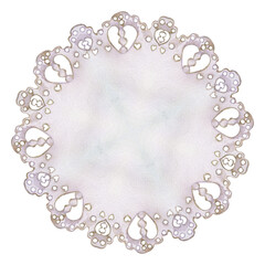 Round paper doily with lace hearts border, delicate edge, vintage style decoration. Single object isolated illustration hand drawn in watercolor. Scrapbooking, romantic packaging, wedding crafts.