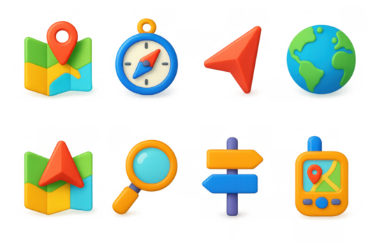 Colorful 3d maps and navigation icons illustration for app design and user interface